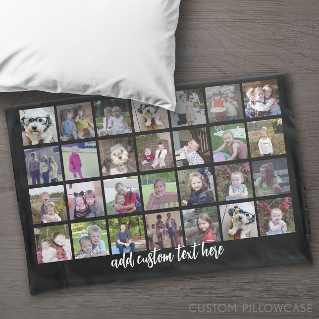 28 Photo Collage Grid - 1 Text box - black white Pillowcase (Custom Pillowcase)