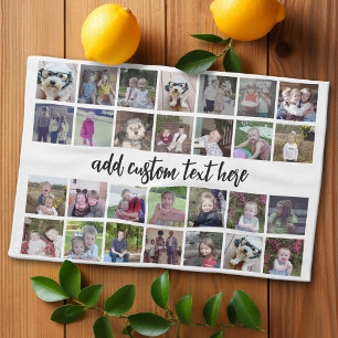 28 Photo Collage Grid - 1 Text box - black white Tea Towel