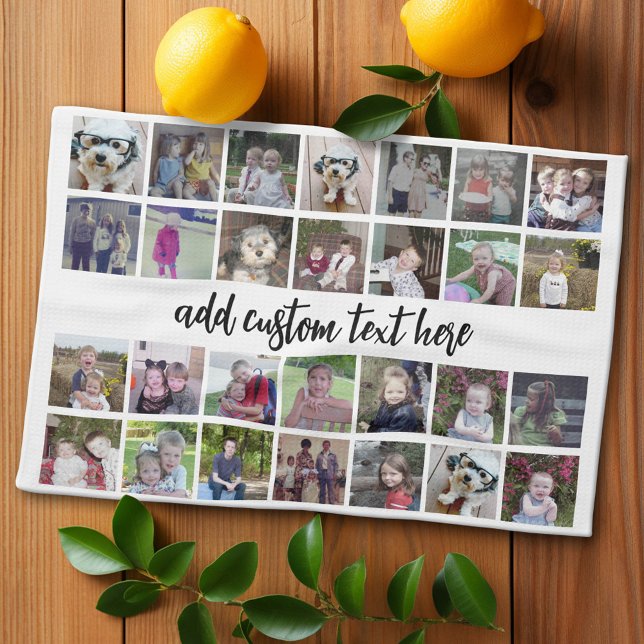 28 Photo Collage Grid - 1 Text box - black white Tea Towel (Custom Kitchen Towel with Photo Collage)