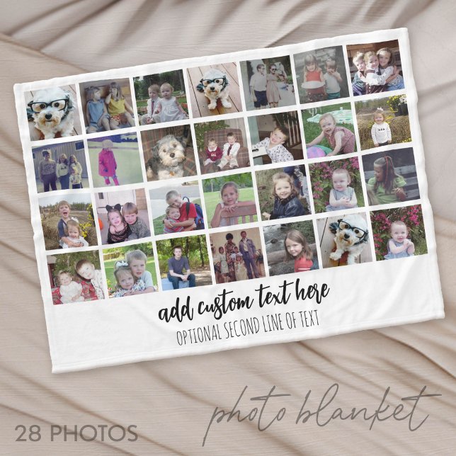 28 Photo Collage Grid - 2 Text boxes - black white Fleece Blanket (Photo Blanket - Customize with your favorite pictures)