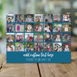 28 Photo Collage Grid - 2 Text boxes - blue white Postcard<br><div class="desc">Use 28 SQUARE photos to create a personal photo collage. This modern, clean layout includes 2 text blocks - one in a modern script and one in a sans serif font to add a family name or a year or event. The background colour can be changed in the customise area....</div>