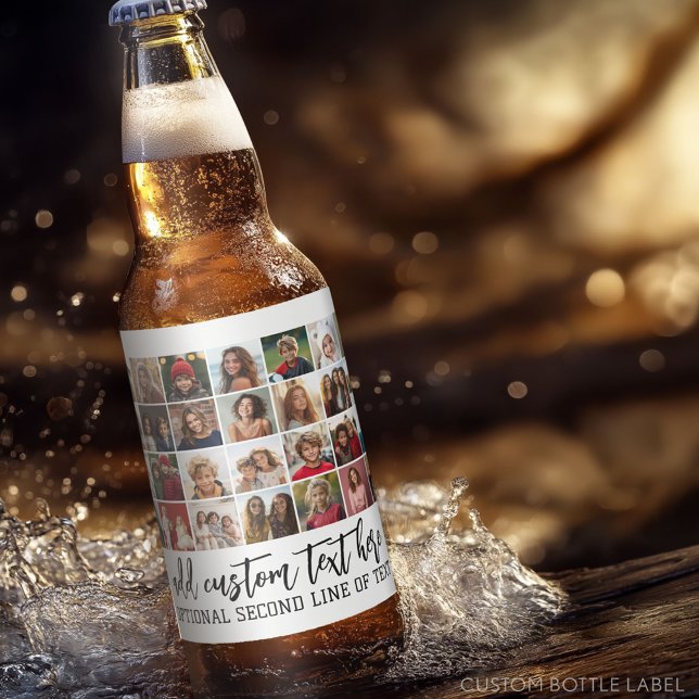 28 Photo Collage Grid - 2 Text boxes - white Beer Bottle Label (Custom Photo Collage on a Food and Beverage Label)
