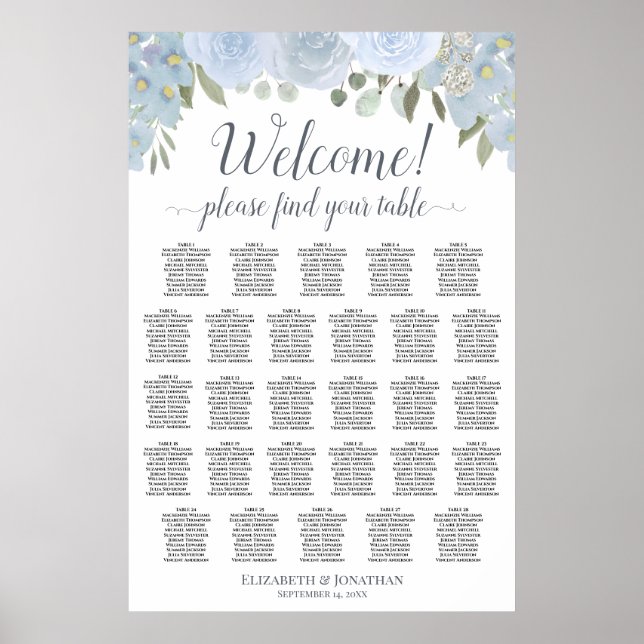 28 Table Dusty Blue Floral Boho Chic Seating Chart (Front)