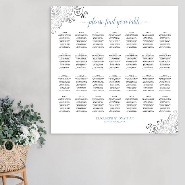 28 Table Frilly Wedding Seating Chart White Blue (In situ on Wall)