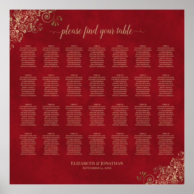 28 Table Gold Frills on Red Wedding Seating Chart (Front)