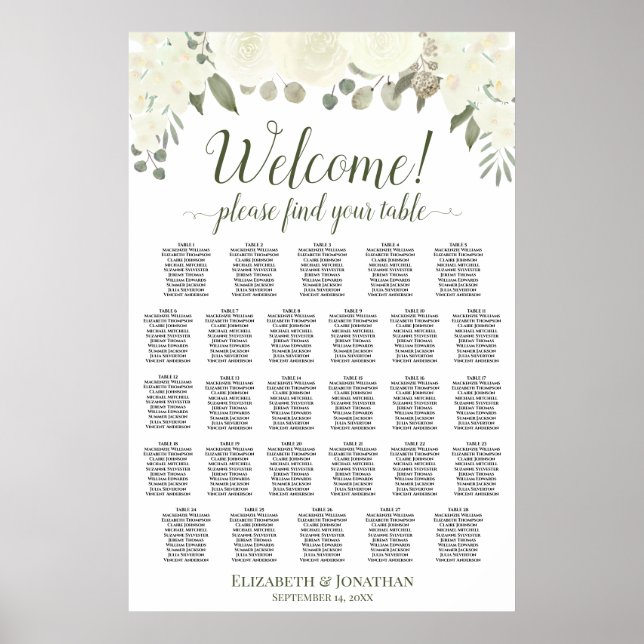 28 Table Ivory White Roses Wedding Seating Chart (Front)