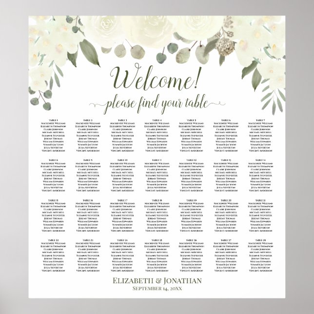 28 Table Ivory White Roses Wedding Seating Chart (Front)