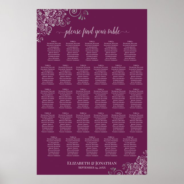 28 Table Magenta Plum & Silver Posh Seating Chart (Front)