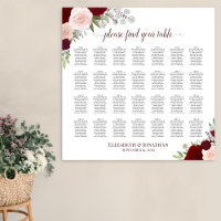28 Table Red & Pink Roses Wedding Seating Chart