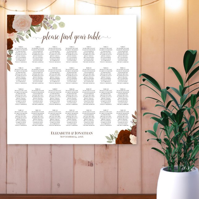 28 Table Rustic Fall Roses Wedding Seating Chart (In Situ on Wall)