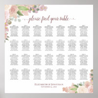 28 Table Rustic Pink Floral Wedding Seating Chart
