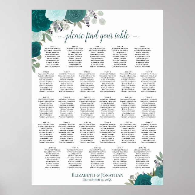 28 Table Teal Boho Floral Wedding Seating Chart (Front)