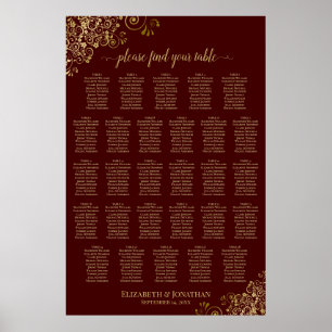 28 Table Wedding Seating Chart Auburn Brown & Gold
