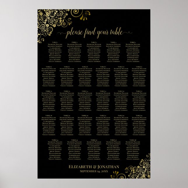 28 Table Wedding Seating Chart Black & Gold Frills (Front)