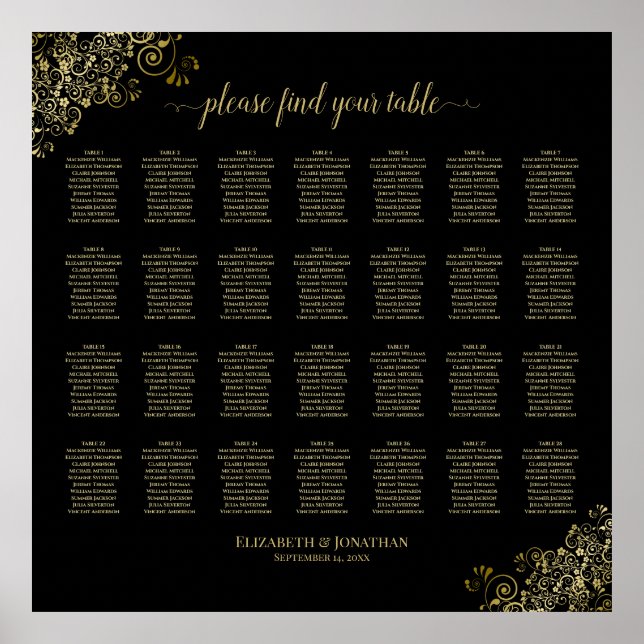 28 Table Wedding Seating Chart Black & Gold Frills (Front)
