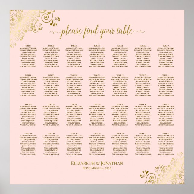 28 Table Wedding Seating Chart Blush Pink & Gold (Front)