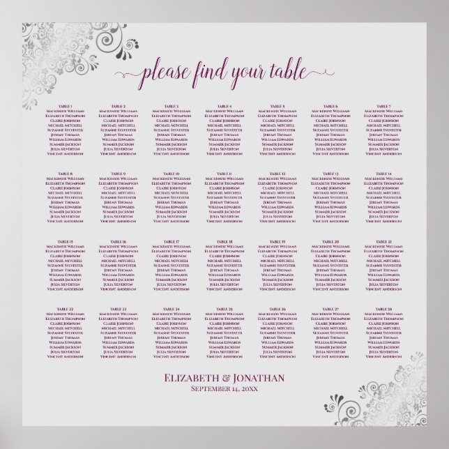 28 Table Wedding Seating Chart Cassis on Grey (Front)