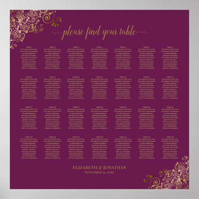 28 Table Wedding Seating Chart Cassis Purple Gold (Front)