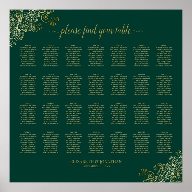 28 Table Wedding Seating Chart Emerald Green Gold (Front)