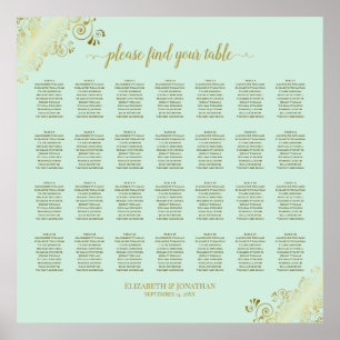 28 Table Wedding Seating Chart Mint Green & Gold