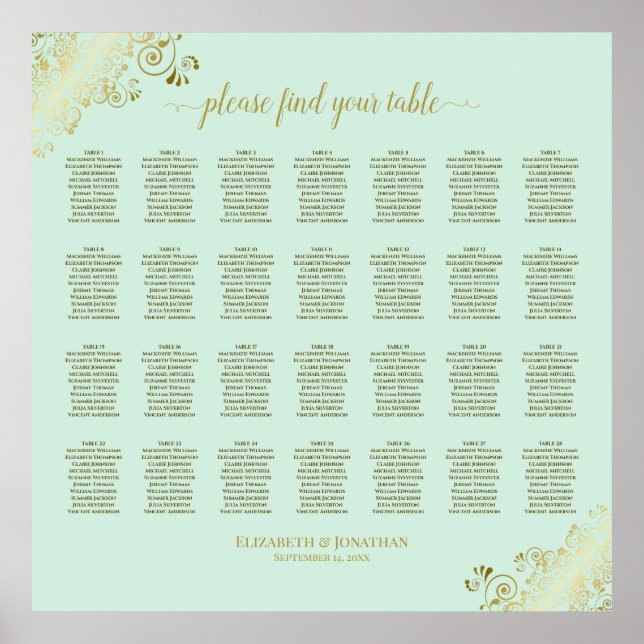 28 Table Wedding Seating Chart Mint Green & Gold (Front)