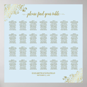 28 Table Wedding Seating Chart Powder Blue & Gold
