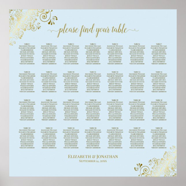 28 Table Wedding Seating Chart Powder Blue & Gold (Front)
