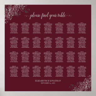 28 Table Wedding Seating Chart Silver on Burgundy