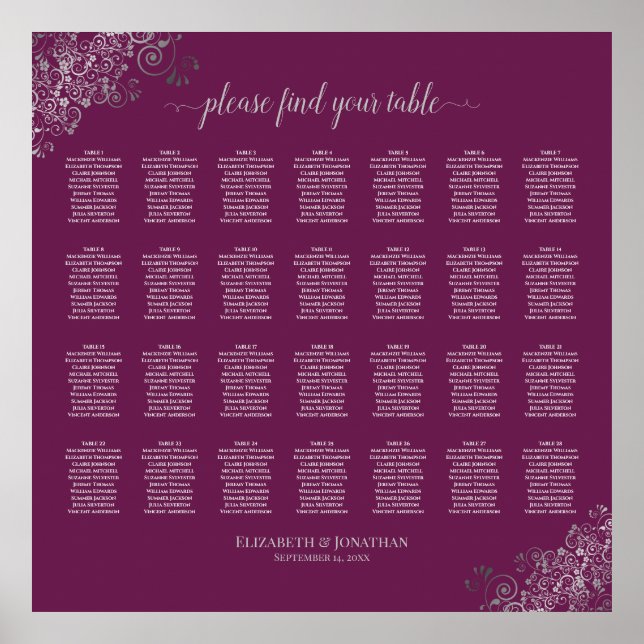 28 Table Wedding Seating Chart Silver on Cassis (Front)