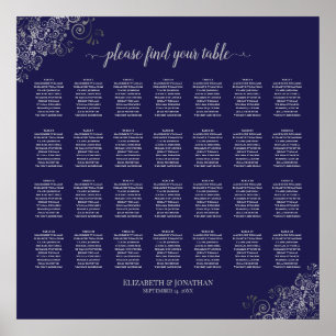 28 Table Wedding Seating Chart Silver on Navy Blue