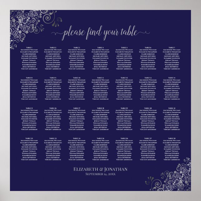 28 Table Wedding Seating Chart Silver on Navy Blue (Front)