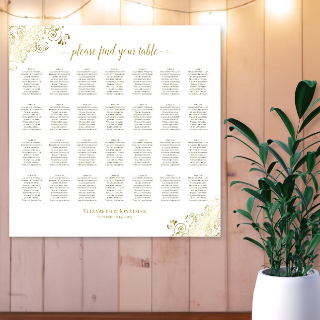 28 Table Wedding Seating Chart White & Gold Frills (In Situ on Wall)