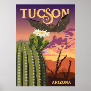 28"x20" Bat and Saguaro - Tucson, Arizona Poster