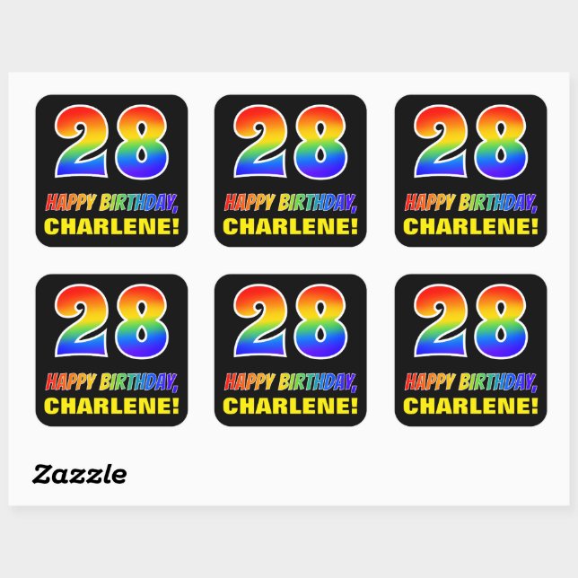 28th Birthday: Bold, Fun, Simple, Rainbow 28 Square Sticker (Sheet)
