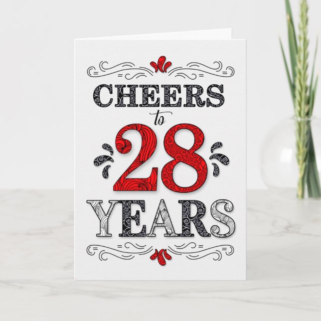 28th Birthday Cheers in Red White Black Pattern Card (Front)