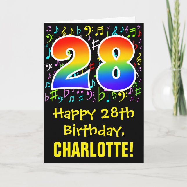 28th Birthday: Colorful Music Symbols + Rainbow 28 Card (Front)