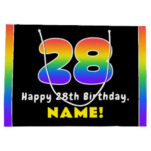 28th Birthday: Colorful Rainbow # 28, Custom Name Large Gift Bag