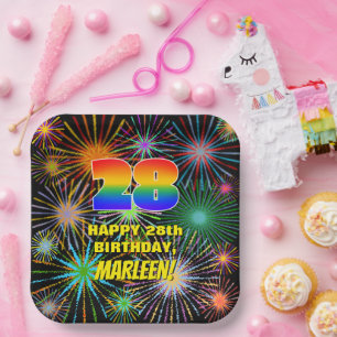 28th Birthday: Colourful, Fun Celebratory Firework Paper Plate