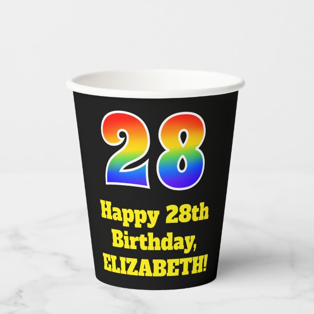 28th Birthday: Colourful, Fun, Exciting, Rainbow 2 Paper Cups (Front)