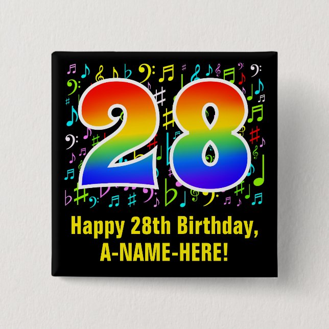 28th Birthday: Colourful Music Symbols, Rainbow 28 15 Cm Square Badge (Front)