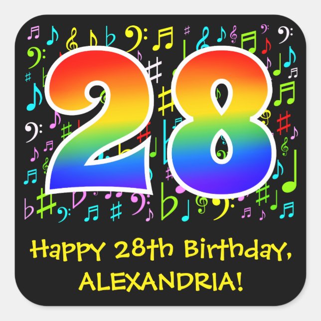 28th Birthday: Colourful Music Symbols, Rainbow 28 Square Sticker (Front)