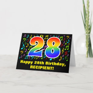 28th Birthday: Colourful Music Symbols & Rainbow 2 Card
