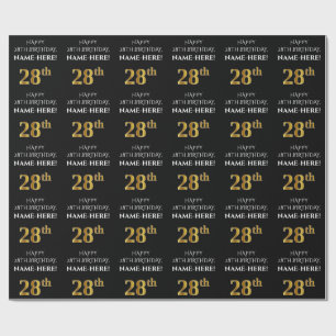 28th Birthday: Elegant, Black, Faux Gold Look Wrapping Paper