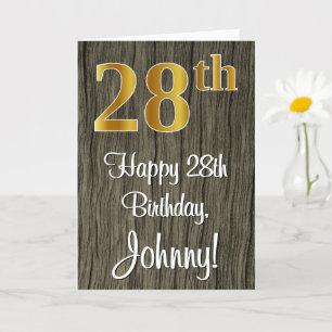 28th Birthday: Elegant Faux Gold Look #, Faux Wood Card