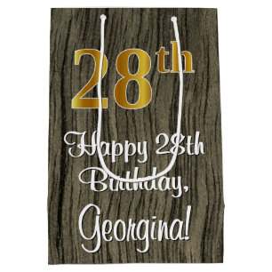 28th Birthday: Elegant Faux Gold Look #, Faux Wood Medium Gift Bag