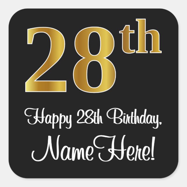28th Birthday – Elegant Luxurious Faux Gold Look # Square Sticker (Front)