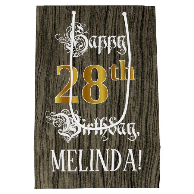 28th Birthday: Faux Gold Look & Faux Wood Pattern Medium Gift Bag (Back)