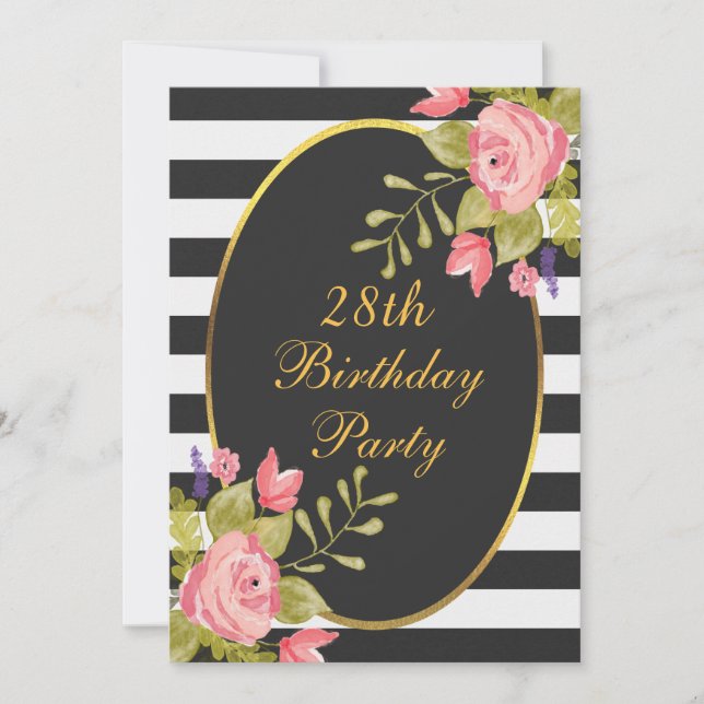 28th Birthday Floral Black White Stripes Gold Foil Invitation (Front)