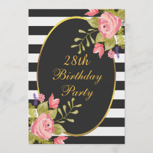 28th Birthday Floral Black White Stripes Gold Foil Invitation