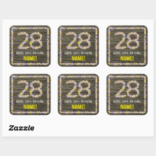 28th Birthday: Floral Number, Faux Wood Look, Name Square Sticker